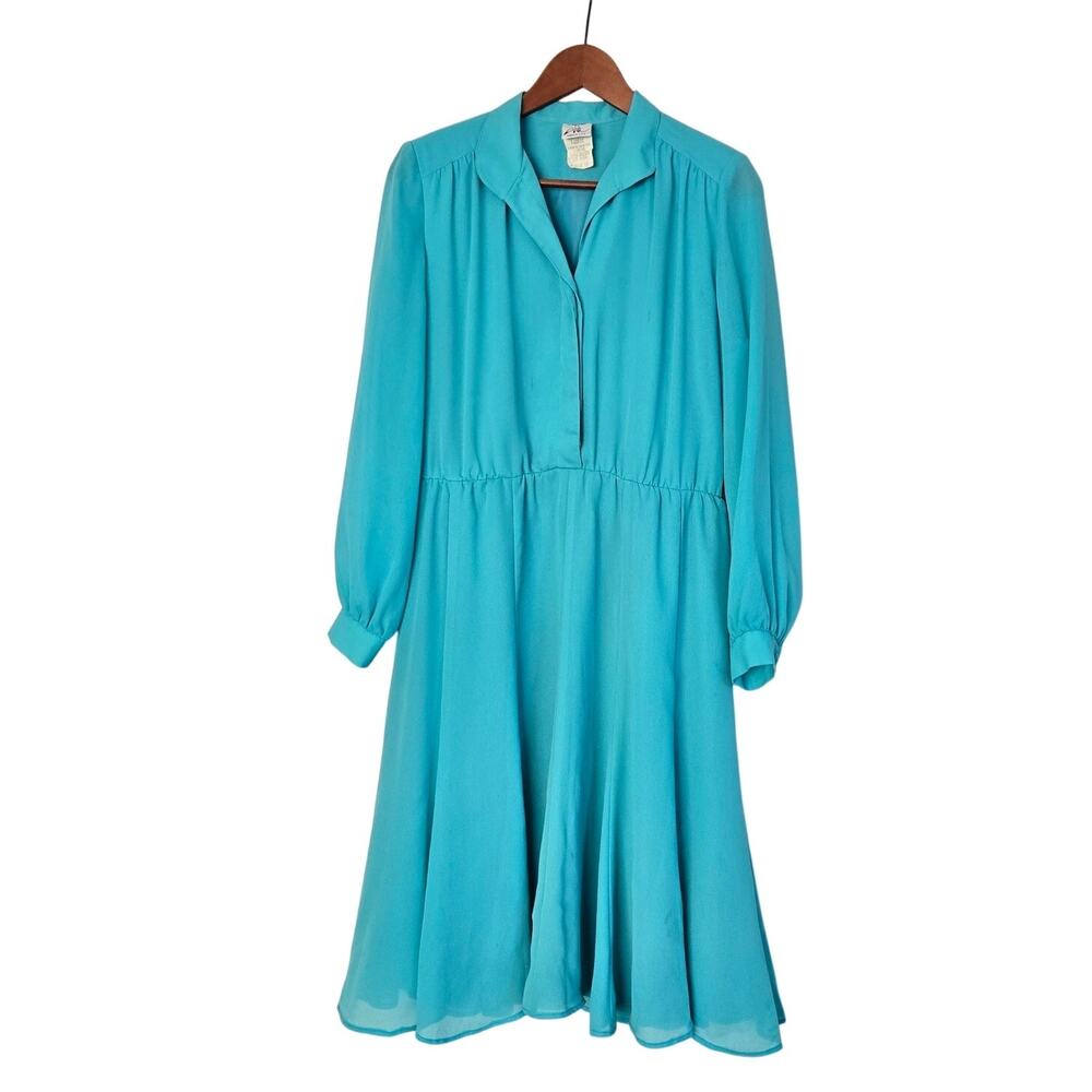 1980s Vintage Turquoise Chiffon Secretary Dress Sheer Bishop Sleeve USA Size 10